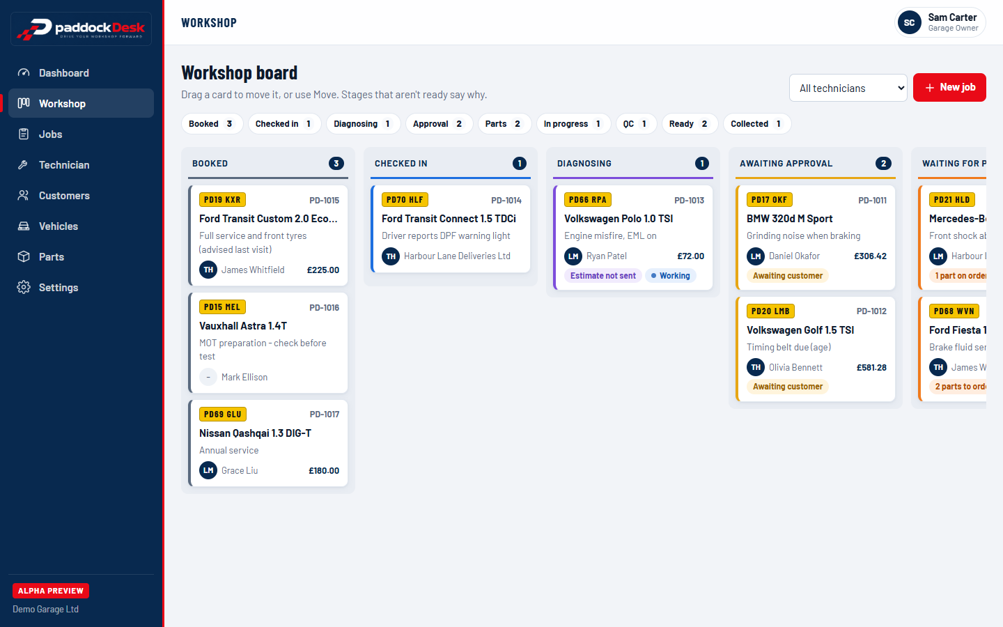 The real PaddockDesk workshop board, showing jobs organised into Booked, Checked in, Diagnosing, Awaiting Approval and further stages.